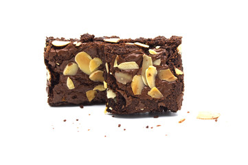 Both of chocolate brownies with sliced almond nuts toppings and crumbs isolated on white background.