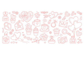 Vector seamless border with pink line art icons for Valentine's Day