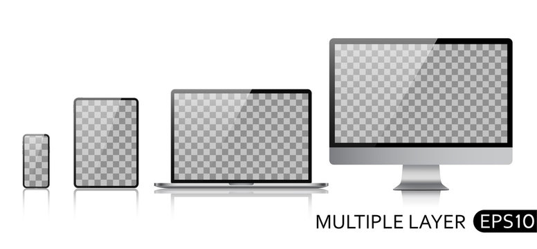 Computer, laptop, tablet, martphone on a white background with a blank screen. Device layouts are easy to edit