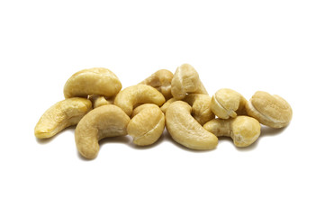 Cashews nut salty roasted food ingredient natural isolated on white background.