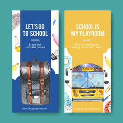 School flyer design with school bus, school bag watercolor illustration.