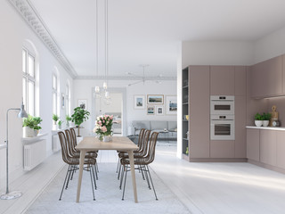 3D-Illustration of a nordic kitchen in modern aparment