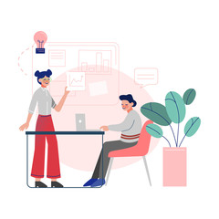 Business Colleagues Working Together, Employees Characters Meeting and Communicating in Office Space with Equipped Workplace Vector Illustration