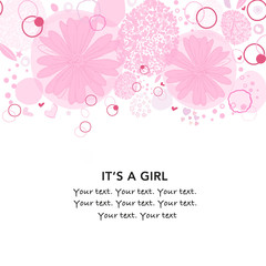 It's a girl. Baby shower greeting card with daisy, square, dots, hearts and stars greeting card. Baby first birthday, t-shirt, baby shower, baby gender reveal party design element vector