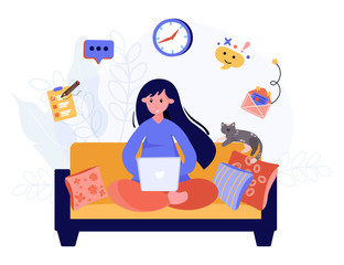 Woman has remote office home. Freelance worker concept. Student learns online on the sofa. Writer works with laptop. Lady is chatting in social media. Vector flat illustration.