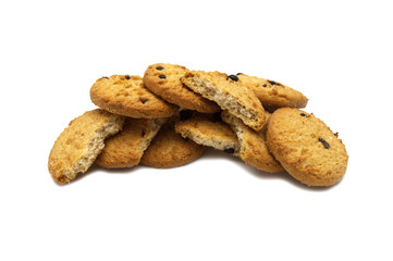 Chocolate chip cookies with cracks isolated on white background. Sweet biscuits delicious and crunchy homemade pastry.