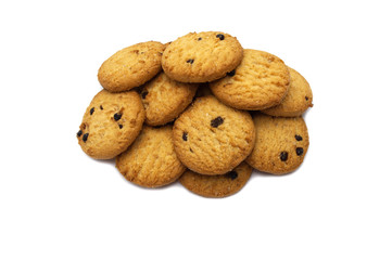Chocolate chip cookies isolated on white background. Sweet biscuits delicious and crunchy homemade pastry.