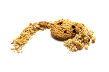 Chocolate chip cookies with cracks and crumbs isolated on white background. Sweet biscuits delicious and crunchy homemade pastry.