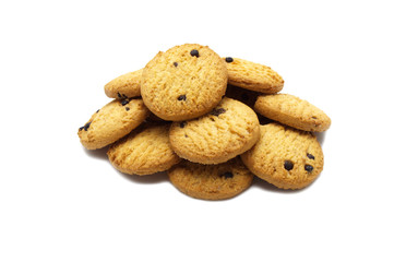Chocolate chip cookies on white background. Pile of sweet biscuits delicious and crunchy homemade pastry.