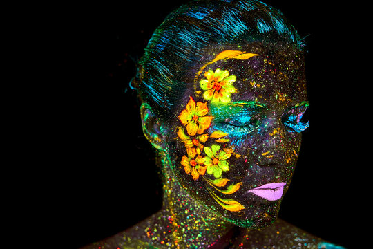 Creative Spring Flowers Uv Portrait Glowin Neon Body Art Painting