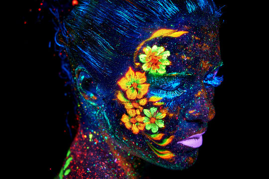 Creative Spring Flowers Uv Portrait Glowin Neon Body Art Painting