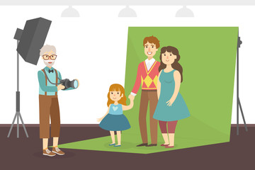 Happy Family Posing in Photo Studio, Senior Man Photographer During Shooting, Elderly People Active Lifestyle Vector Illustration