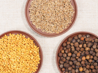 Cumin (jeera), allspice, fenugreek in clay plate on beige fabric background