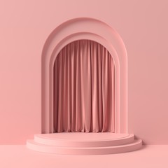 Abstract pink podium for product display with curtains. Cylinder stage on pink background 3d illustrations.