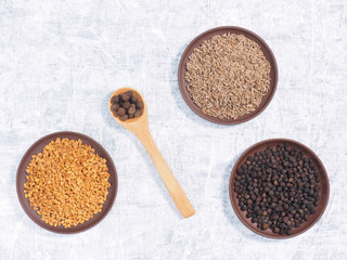 Spice fenugreek, cumin (jeera), black pepper in clay plate, allspice on white concrete background