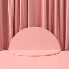 Abstract pink podium for product display with curtains. Cylinder stage on pink background 3d illustrations.