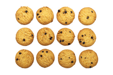 Chocolate chip cookies set isolated on white background. Sweet biscuits delicious and crunchy homemade pastry.