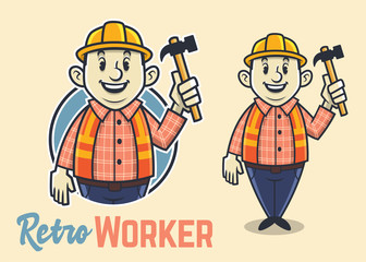 Retro fat construction worker character, vintage builder mascot, funny and adorable man