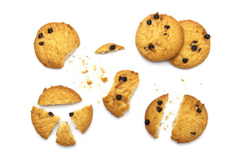 Chocolate chip cookies and crumble cracks on white background. Sweet biscuits delicious and crunchy homemade pastry.