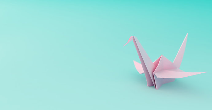 Pastel pink origami crane on blue background. 3d rendering
