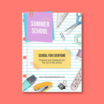 School poster design with post it, clip, stapler watercolor illustration.