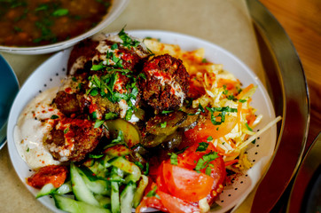 Falafel with a side dish. Traditional israeli cuisine