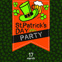 St. Patrick's Day Party Poster in hand drawn style. On a dark green background of shamrocks an orange label with text, a green hat and a beer. Vector template for the design of posters, cards, banners