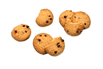 Chocolate chip cookies and cracks isolated on white background. Sweet biscuits delicious and crunchy homemade pastry.