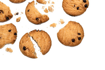 Chocolate chip cookies and crumble cracks isolated on white background. Sweet biscuits delicious and crunchy homemade pastry.