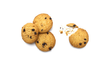 Chocolate chip cookies and crumble cracks on white background. Sweet biscuits delicious and crunchy homemade pastry.