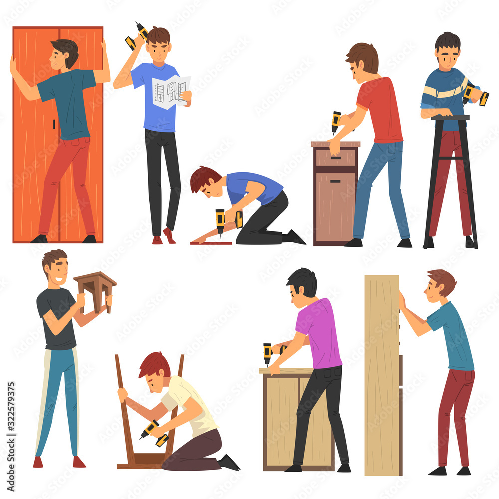 Sticker men assembling and installing new furniture set, manual furniture assembly vector illustration