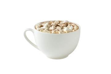 White cup with hot cocoa with marshmallows isolated on white background.