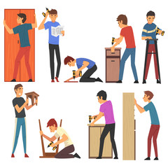 Men Assembling and Installing New Furniture Set, Manual Furniture Assembly Vector Illustration