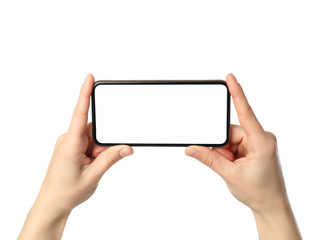 Female hands holding phone with empty screen, isolated on white background