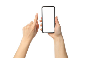 Female hands holding phone with empty screen, isolated on white background