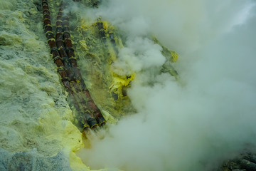 Sulfur mining from the crater of Ijen volcano