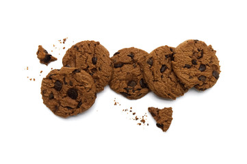 Chocolate chip cookies and crumbs on white background and Top view.