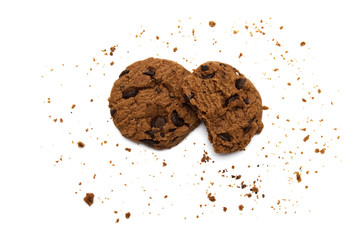 Chocolate chip cookies and crumbs on white background and Top view.