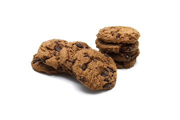 Chocolate chip cookies pile on white background.