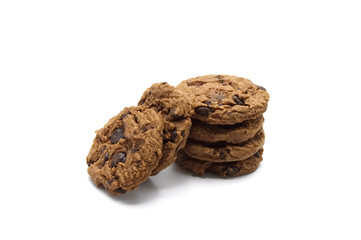 Chocolate chip cookies pile on white background.