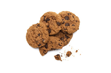 Chocolate chip cookies with some broken and crumbs on white background.