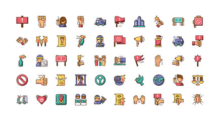 icons set of protest concept, colorful fill style
