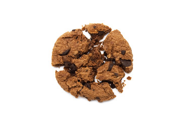 Cookies with chocolate chip flavored. Some broken and crumbs of crunchy delicious sweet meal and useful biscuits on white background.