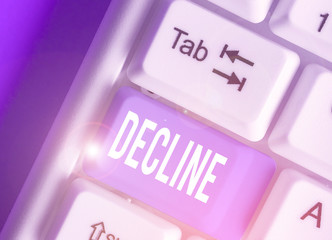 Writing note showing Decline. Business concept for Become smaller fewer less Decrease Politely...