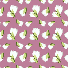  Flat seamless floral pattern in vector. Spring flowers of apple tree isolated on pink background