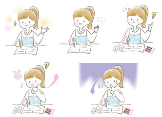 主婦　家計簿　女性　表情　セット