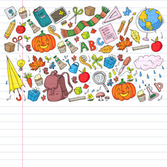 Back to school vector pattern. Education icons for children.