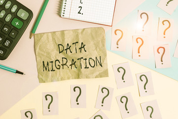 Word writing text Data Migration. Business photo showcasing process of transferring data between data storage systems Mathematics stuff and writing equipment above pastel colours background