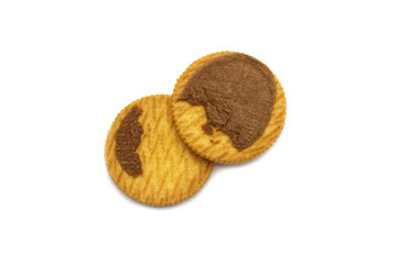 Sandwich cookies filled with coffee cream flavored. Inside of crunchy biscuits delicious sweet meal and useful cookie isolated on white background. This image with top view.