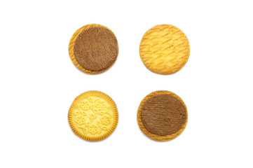 Sandwich cookies filled with coffee cream flavored. Inside and outside of crunchy biscuits delicious sweet meal and useful cookie isolated on white background. This image with top view.